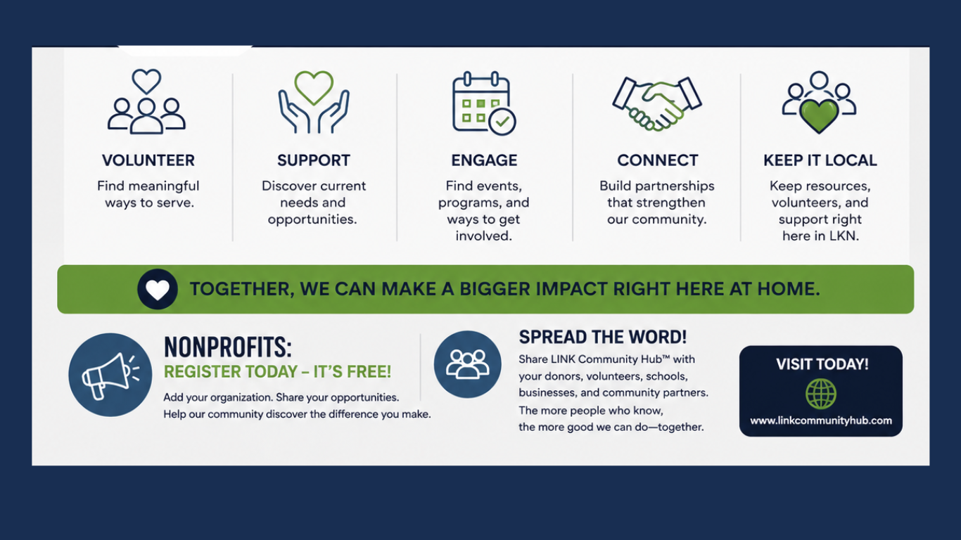 Volunteer, support, engage, connect and keep resources local through LINK Community Hub.