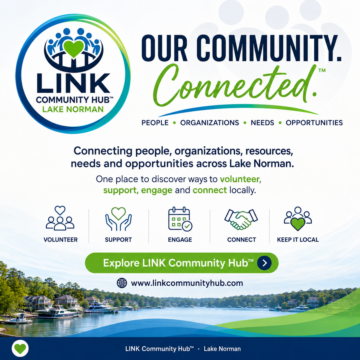 Our Community. Connected. LINK Community Hub connects people, organizations, needs and opportunities across Lake Norman.