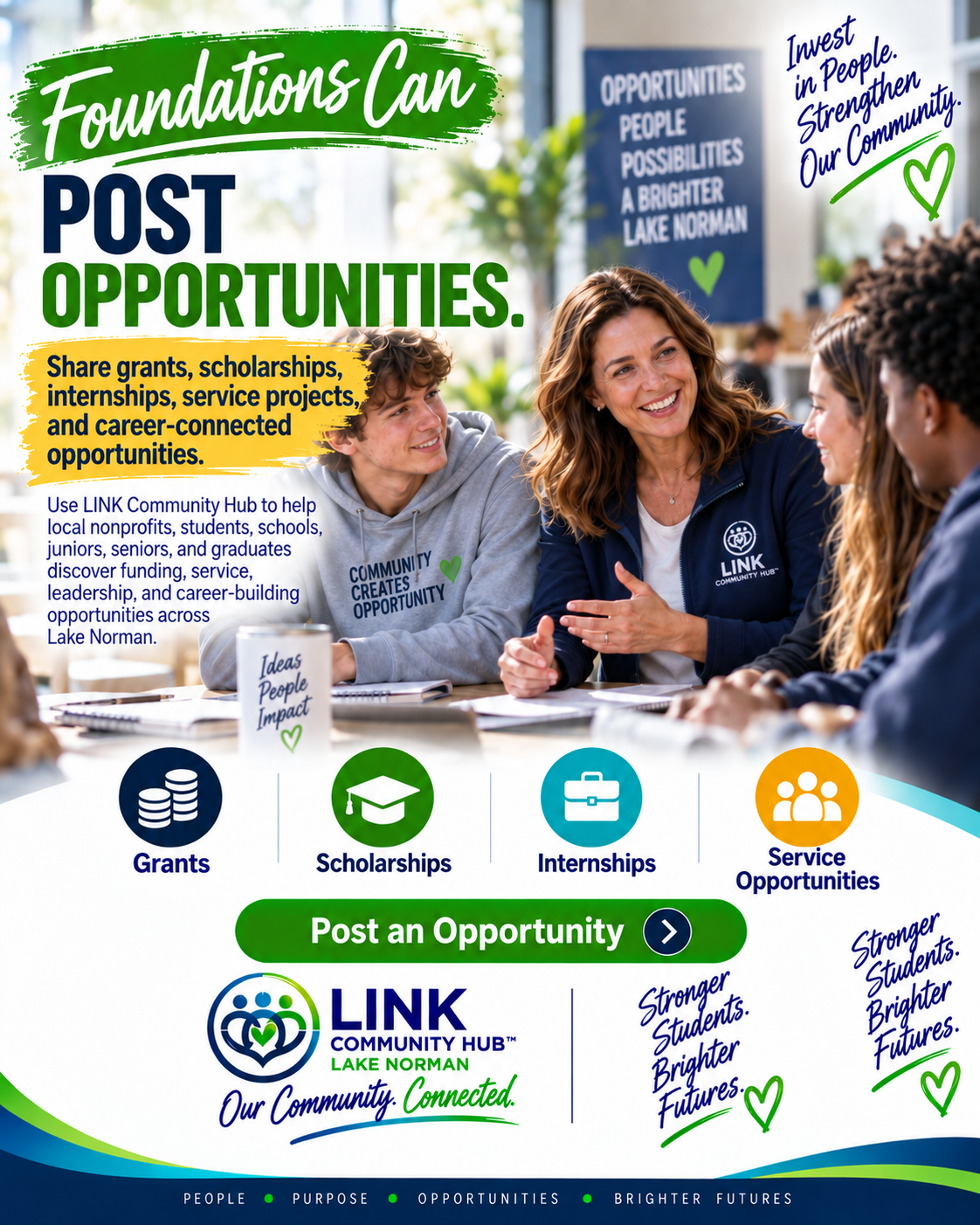 Foundations can post grants, scholarships, internships and service opportunities